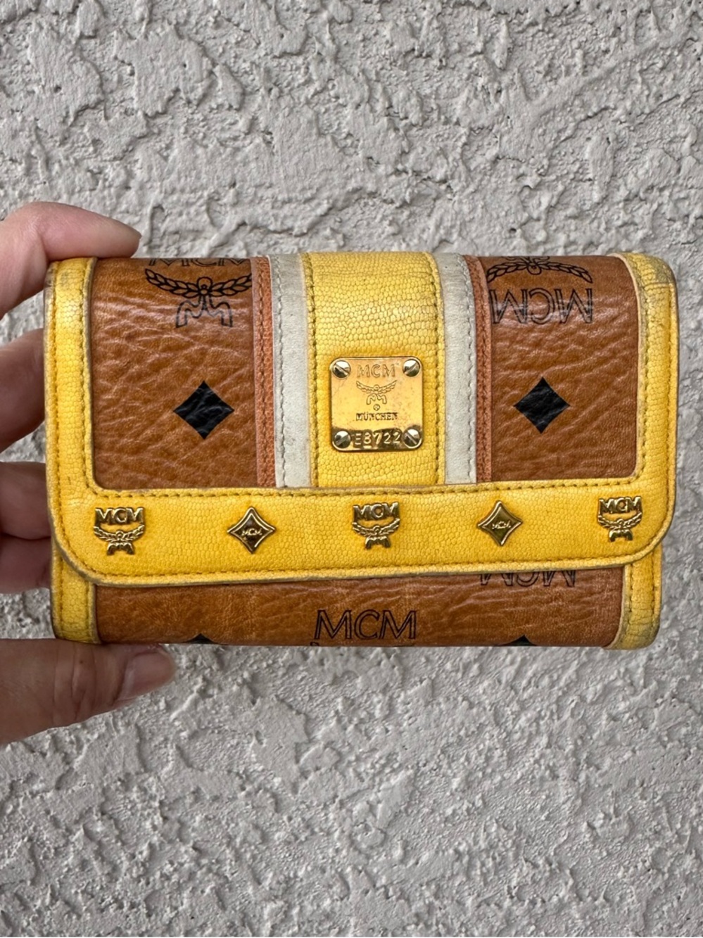 MCM Yellow and Tan Monogram Logo Compact Wallet